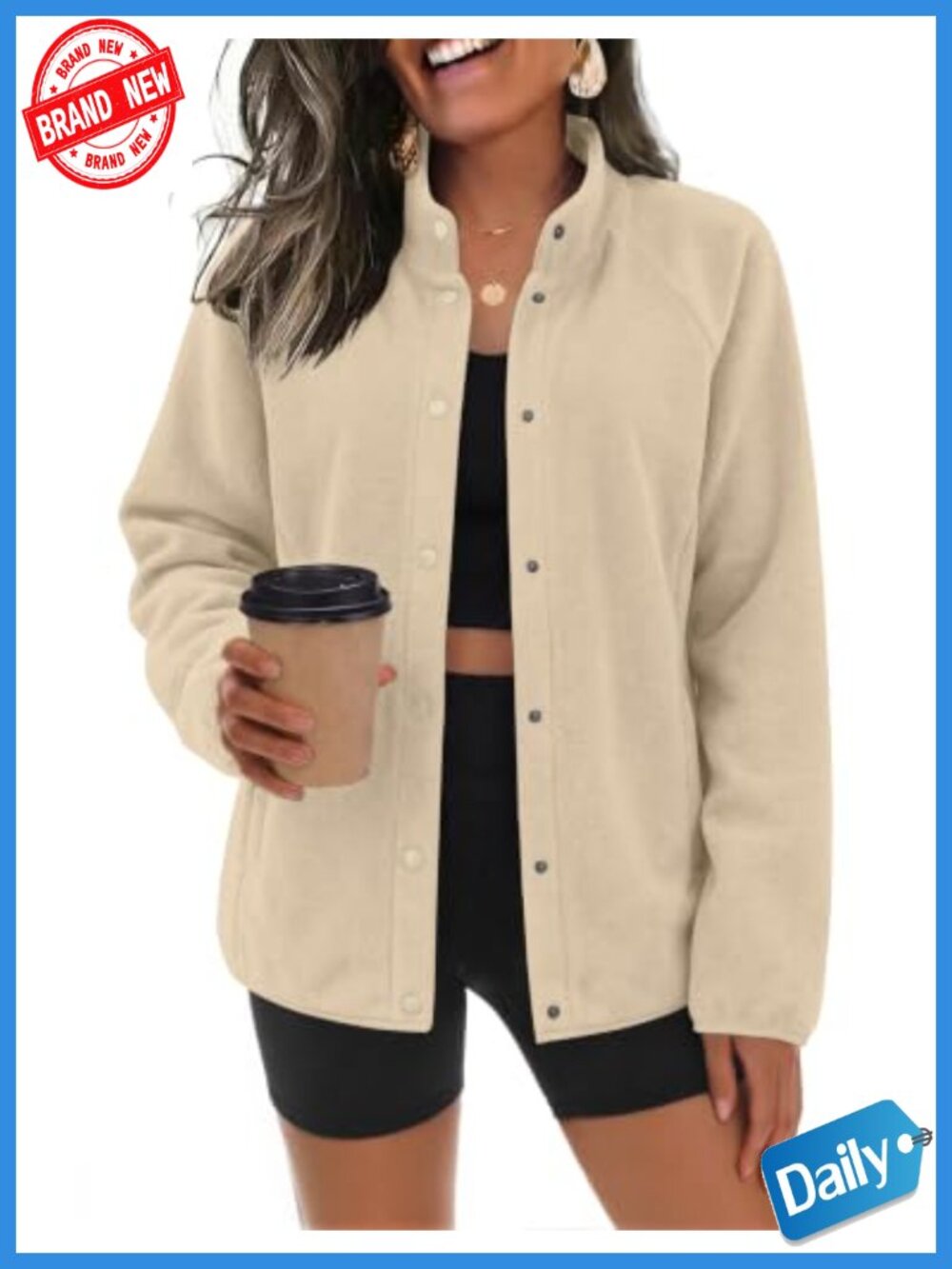 Women's Fleece Jacket Full Button Up Stand Collar 4 Pockets Windproof Fall